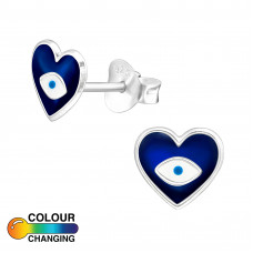 Evil Eye Heart Sterling Silver Ear Studs with Epoxy