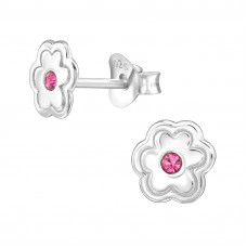 7mm Flower Sterling Silver Kids Ear Studs with 2x Crystal