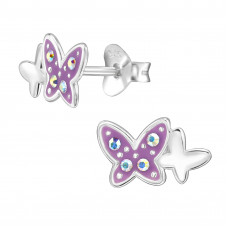 10mm Butterfly Children's Sterling Silver Ear Studs with 8x AB Crystal and Purple Epoxy