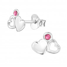 Interlocking Solid and Open Heart Sterling Silver Ear Studs with Crystal