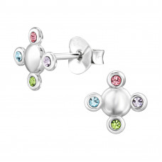 7mm Round Sterling Silver Ear Studs with 8x Mix Color Crystal