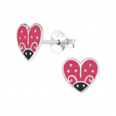 8mm Ladybug Heart Children's Sterling Silver Ear Studs with Pink and Black Epoxy