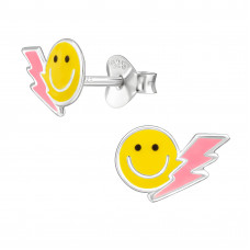 Smiley with Thunder Children's Sterling Silver Ear Studs with Yellow and Pink Epoxy
