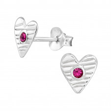 7mm Heart Sterling Silver Ear Studs with Horizontal Curved Lines and 2x Crystal