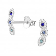 Curved Sterling Silver Ear Studs with Raised Dot Pattern and Crystal