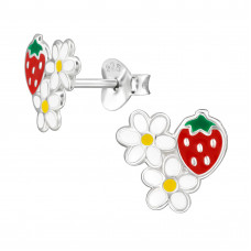 Strawberry and Two Daisy Flowers Children's Sterling Silver Ear Studs with Epoxy