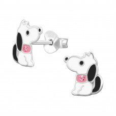 Sitting Dog Children's Sterling Silver Ear Studs with Light Rose Crystal and Epoxy