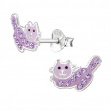10mm Playing Cat Children's Sterling Silver Ear Studs with Violet Crystal and Epoxy