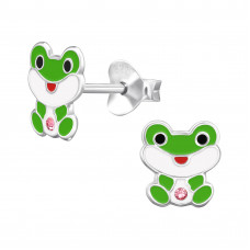 7mm Frog Children's Sterling Silver Ear Studs with Light Rose Crystal and Epoxy