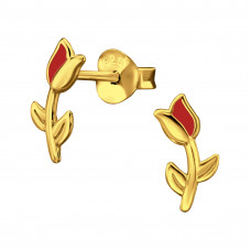 Tulip Children's Sterling Silver Gold Plated Ear Studs with Red Epoxy