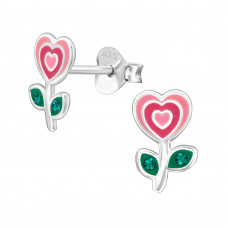 Heart Flower Children's Sterling Silver Ear Studs with 4x Emerald Crystal and Epoxy