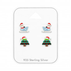 Christmas Tree with Hat and Santa Claus on Sleigh Children's Sterling Silver Ear Studs Set on Card with 20x Crystal and Epoxy