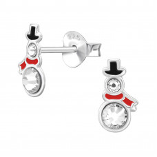Festive Snowman Children's Sterling Silver Ear Studs with Crystal and Epoxy