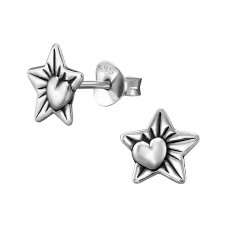 8mm Star with Heart Sterling Silver Oxidized Ear Studs