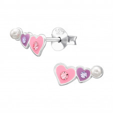Two Hearts Children's Sterling Silver Ear Studs with Imitation Pearl, Crystal and Epoxy