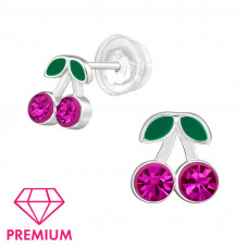 Cherry Children's Sterling Silver Premium Kid Ear Studs with Crystal and Epoxy