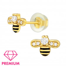Bee Children's Sterling Silver Premium Kid Ear Studs with Cubic Zirconia and Epoxy