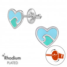 Heart with Waves Children's Sterling Silver Screw Back Ear Studs with Epoxy