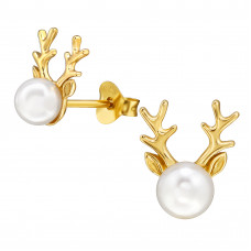 Deer Sterling Silver Gold Plated Ear Studs with Imitation Pearl