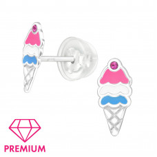 Ice Cream Children's Sterling Silver Premium Kid Ear Studs with Crystal and Epoxy