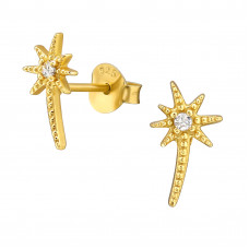 Falling Star Sterling Silver Gold Plated Ear Studs with Cubic Zirconia