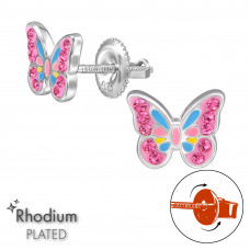 Butterfly Children's Sterling Silver Screw Back Ear Studs with Crystal and Epoxy