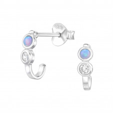 Curved Round Sterling Silver Ear Studs with Cubic Zirconia and Synthetic Opal