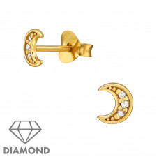 Moon Sterling Silver Ear Studs with 1mm Diamonds