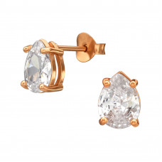 6x8mm Sterling Silver Rose Gold Plated Ear Studs with Teardrop Shape Cubic Zirconia