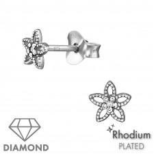 Flower Sterling Silver Ear Studs with 1mm Diamonds