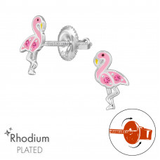 Flamingo Children's Sterling Silver Screw Back Ear Studs with Crystal and Epoxy