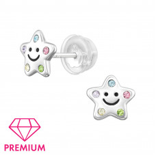 Smiley Star Children's Sterling Silver Premium Kid Ear Studs with Crystal and Epoxy