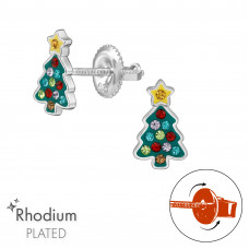 Christmas Tree Children's Sterling Silver Screw Back Ear Studs with Crystal
