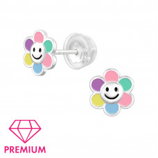 Flower Smiley Children's Sterling Silver Premium Kid Ear Studs with Epoxy