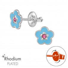 Flower Children's Sterling Silver Screw Back Ear Studs with Crystal and Epoxy