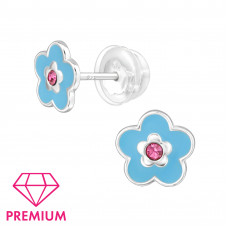 Flower Children's Sterling Silver Premium Kid Ear Studs with Crystal and Epoxy