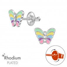Butterfly Children's Sterling Silver Screw Back Ear Studs with Crystal and Epoxy