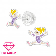 Gymnastics Girl Children's Sterling Silver Premium Kid Ear Studs with Crystal and Epoxy