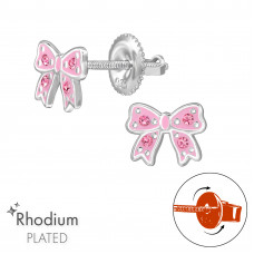 Bow Children's Sterling Silver Screw Back Ear Studs with Crystal and Epoxy