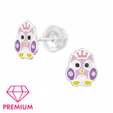 Owl Children's Sterling Silver Premium Kid Ear Studs with Crystal and Epoxy