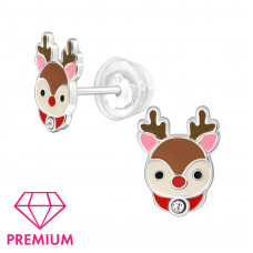 Reindeer Children's Sterling Silver Premium Kid Ear Studs with Crystal and Epoxy