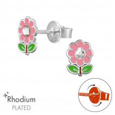 Flower Children's Sterling Silver Screw Back Ear Studs with Crystal and Epoxy
