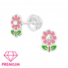 Flower Children's Sterling Silver Premium Kid Ear Studs with Crystal and Epoxy