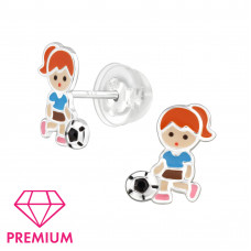 Girl Football Player Children's Sterling Silver Premium Kid Ear Studs with Crystal and Epoxy