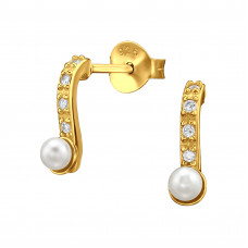 Curved Sterling Silver Ear Studs with Cubic Zirconia and Imitation Pearl