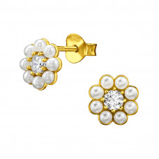 Flower Sterling Silver Ear Studs with Imitation Pearl and Cubic Zirconia