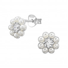 Flower Sterling Silver Ear Studs with Imitation Pearl and Cubic Zirconia