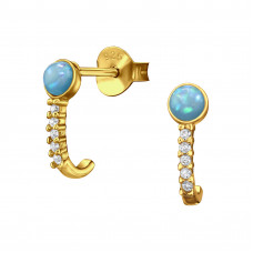Curved Half Hoop Sterling Silver Ear Studs with Cubic Zirconia and Imitation Opal