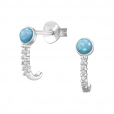 Curved Half Hoop Sterling Silver Ear Studs with Cubic Zirconia and Imitation Opal