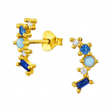 Blue Cluster Sterling Silver Gold Plated Ear Studs with Cubic Zirconia and Imitation Opal